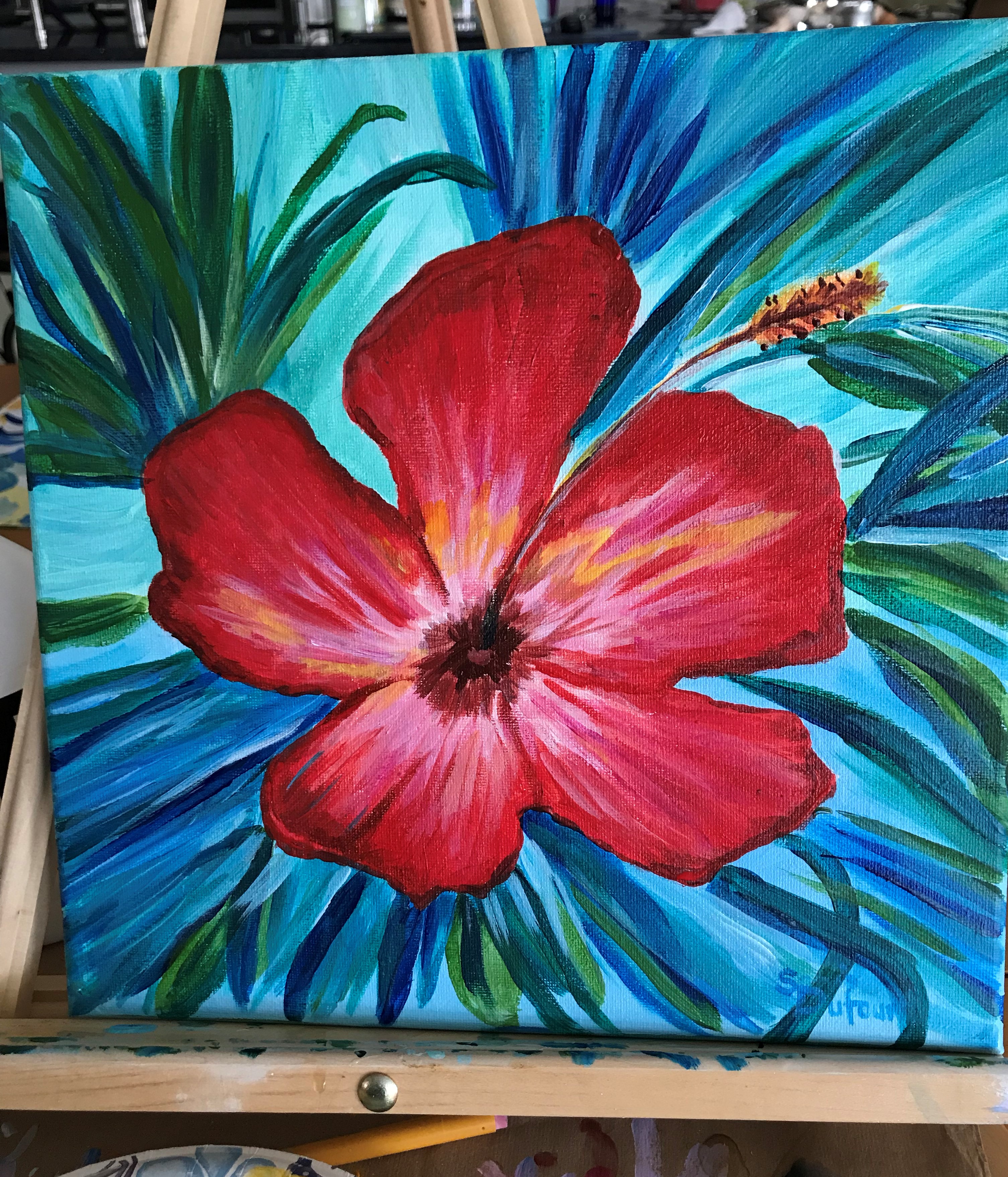 Flor del Amor II — vibrant red hibiscus bloom against tropical teal foliage